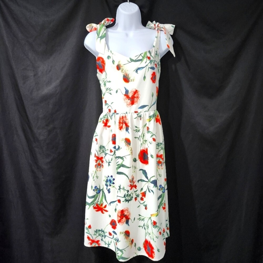 Floral Tie Shoulder Midi Dress Size L White Red Cottage‎ Picnic Garden Tea Party